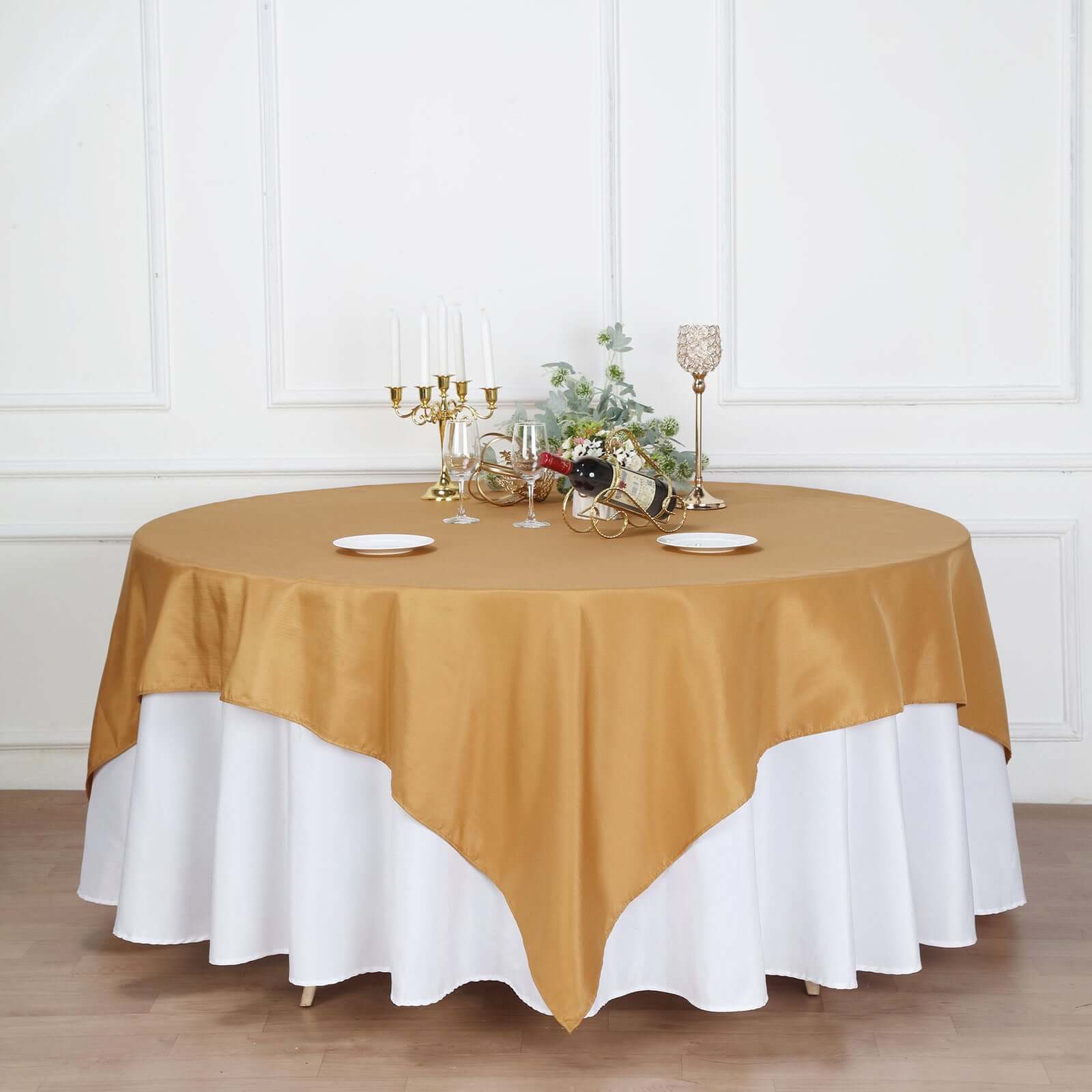 Polyester 90"x90" Table Overlay Square Tablecloth Gold - Wrinkle - Resistant & Durable Table Cover for Events - Linen Luxes