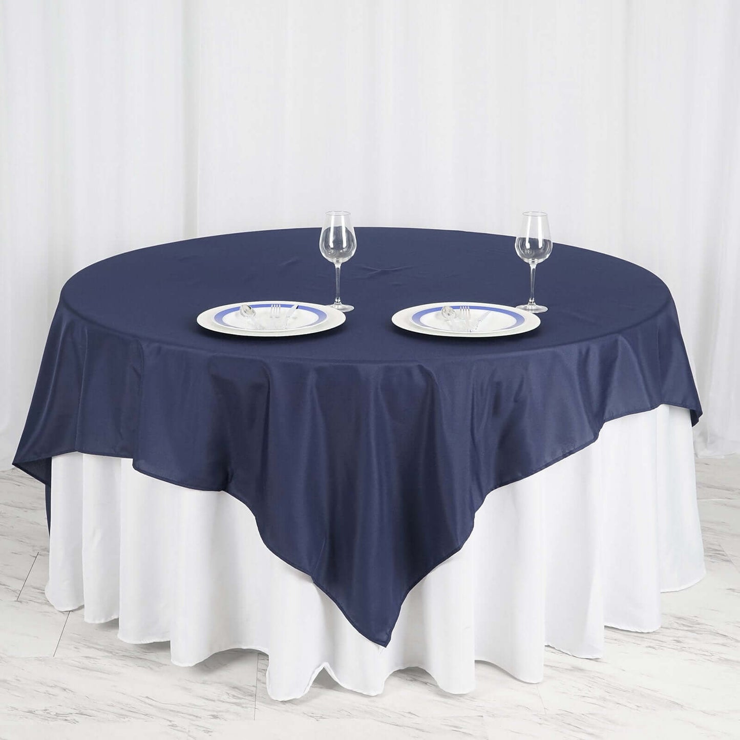 Polyester 90"x90" Table Overlay Square Tablecloth Navy Blue - Wrinkle - Resistant & Durable Table Cover - Linen Luxes