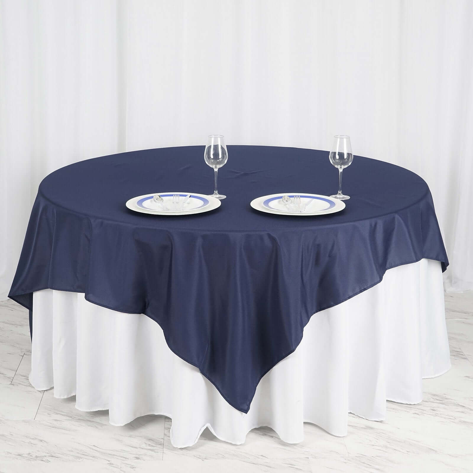Polyester 90"x90" Table Overlay Square Tablecloth Navy Blue - Wrinkle - Resistant & Durable Table Cover - Linen Luxes