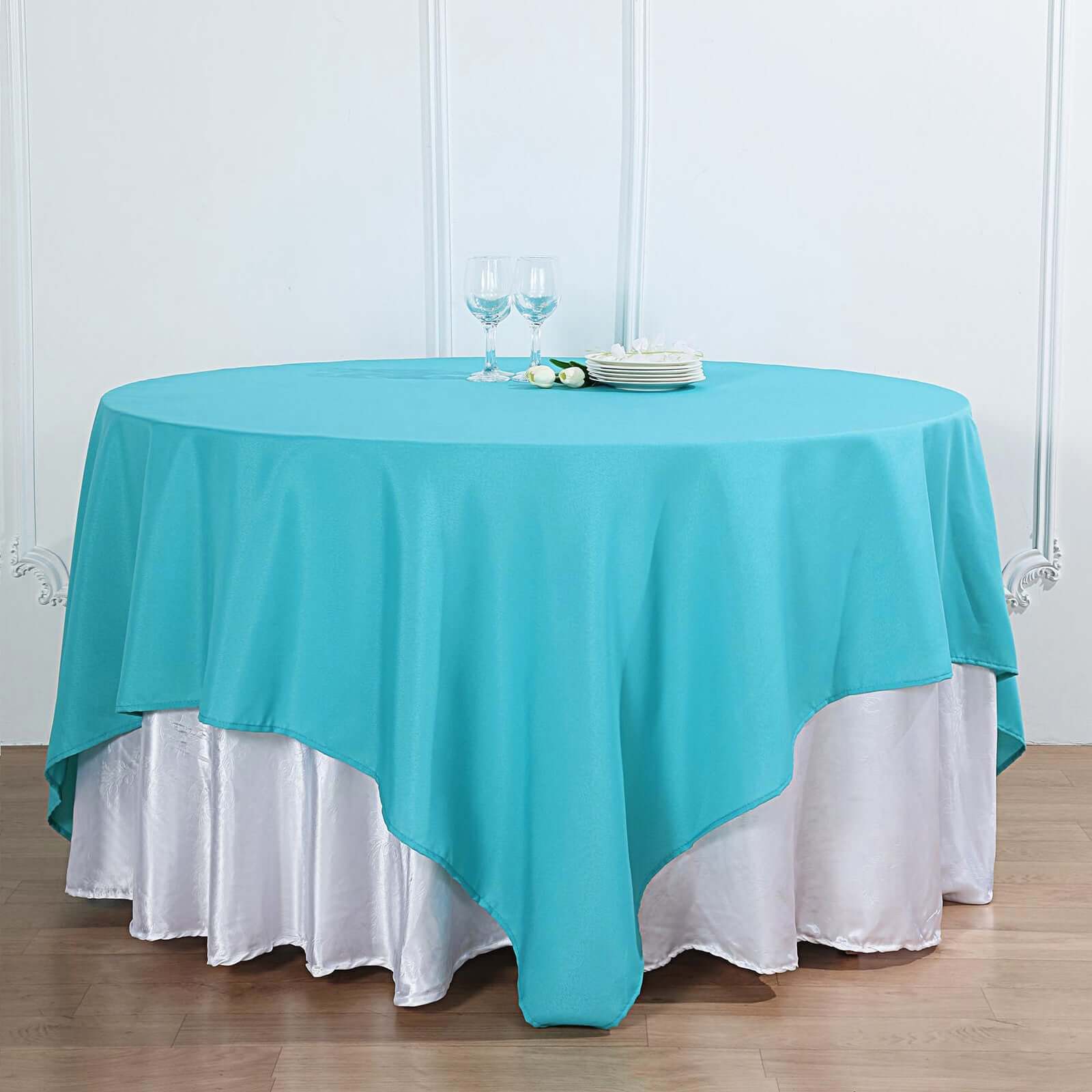 Polyester 90"x90" Table Overlay Square Tablecloth Turquoise - Wrinkle - Resistant & Durable Table Cover - Linen Luxes
