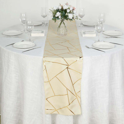 Polyester 9ft Table Runner Beige with Gold Foil Modern Geometric Accent
