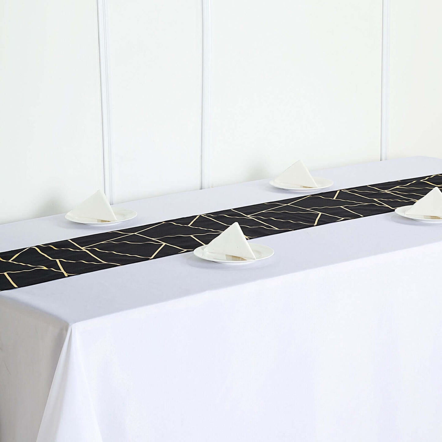 Polyester 9ft Table Runner Black with Gold Foil Modern Geometric Accent - Linen Luxes