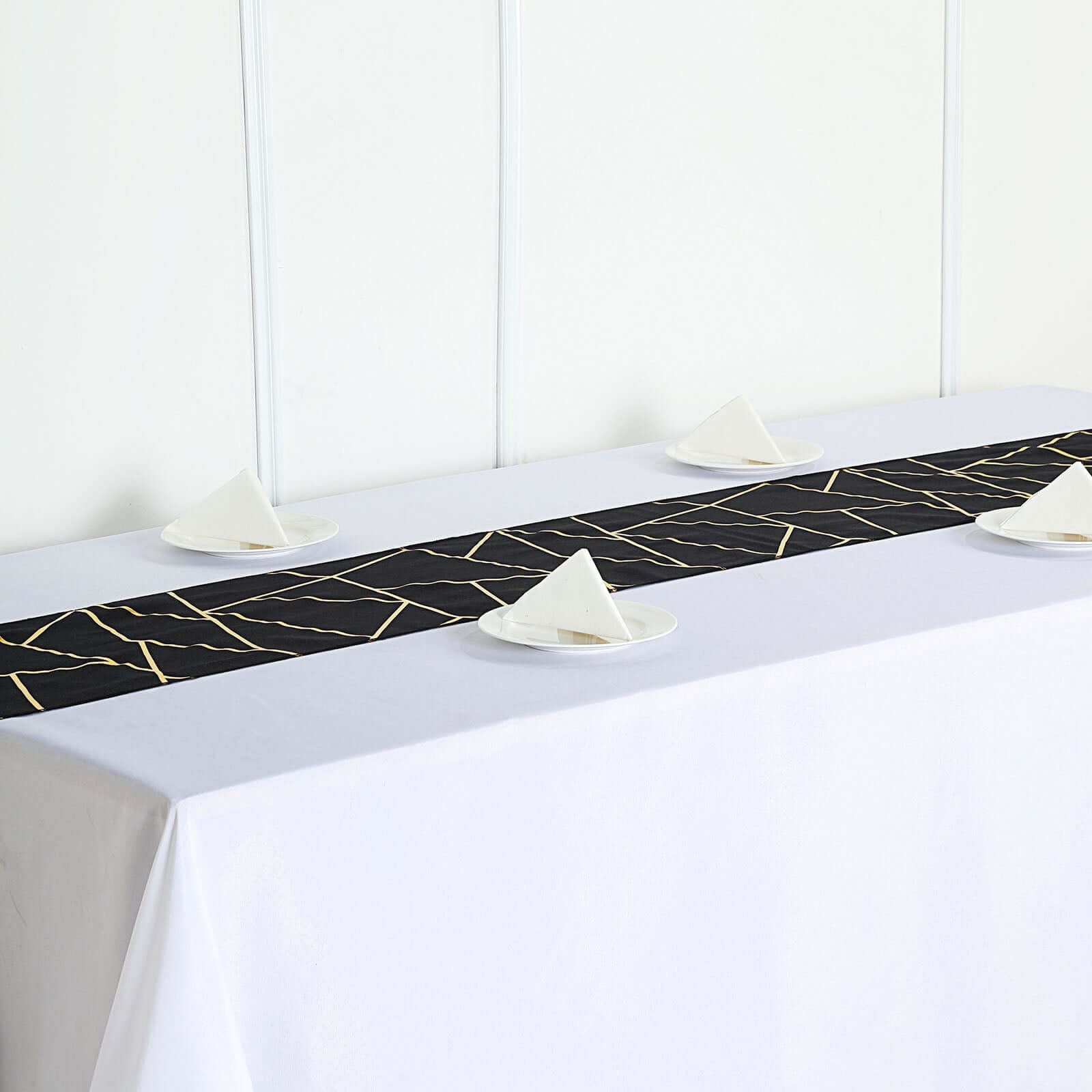Polyester 9ft Table Runner Black with Gold Foil Modern Geometric Accent - Linen Luxes