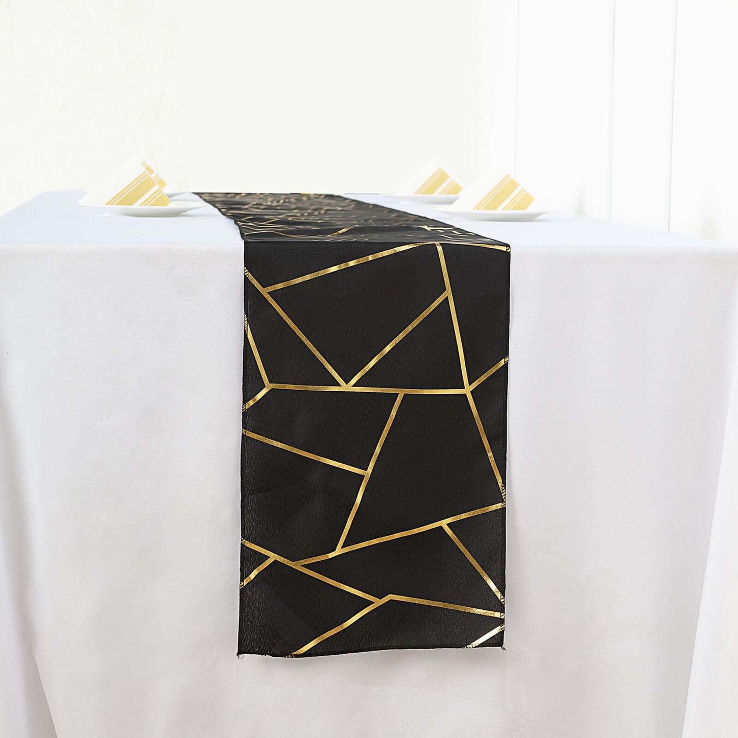 Polyester 9ft Table Runner Black with Gold Foil Modern Geometric Accent - Linen Luxes