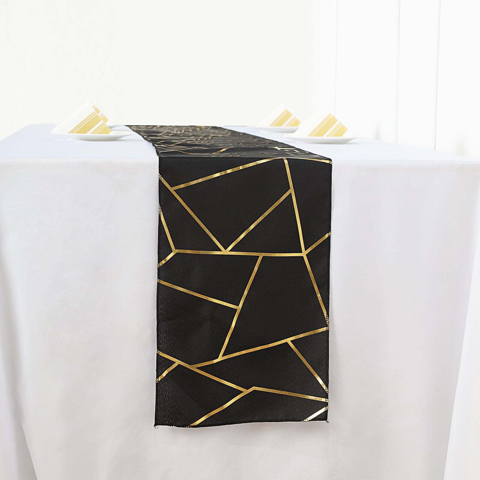 Polyester 9ft Table Runner Black with Gold Foil Modern Geometric Accent - Linen Luxes