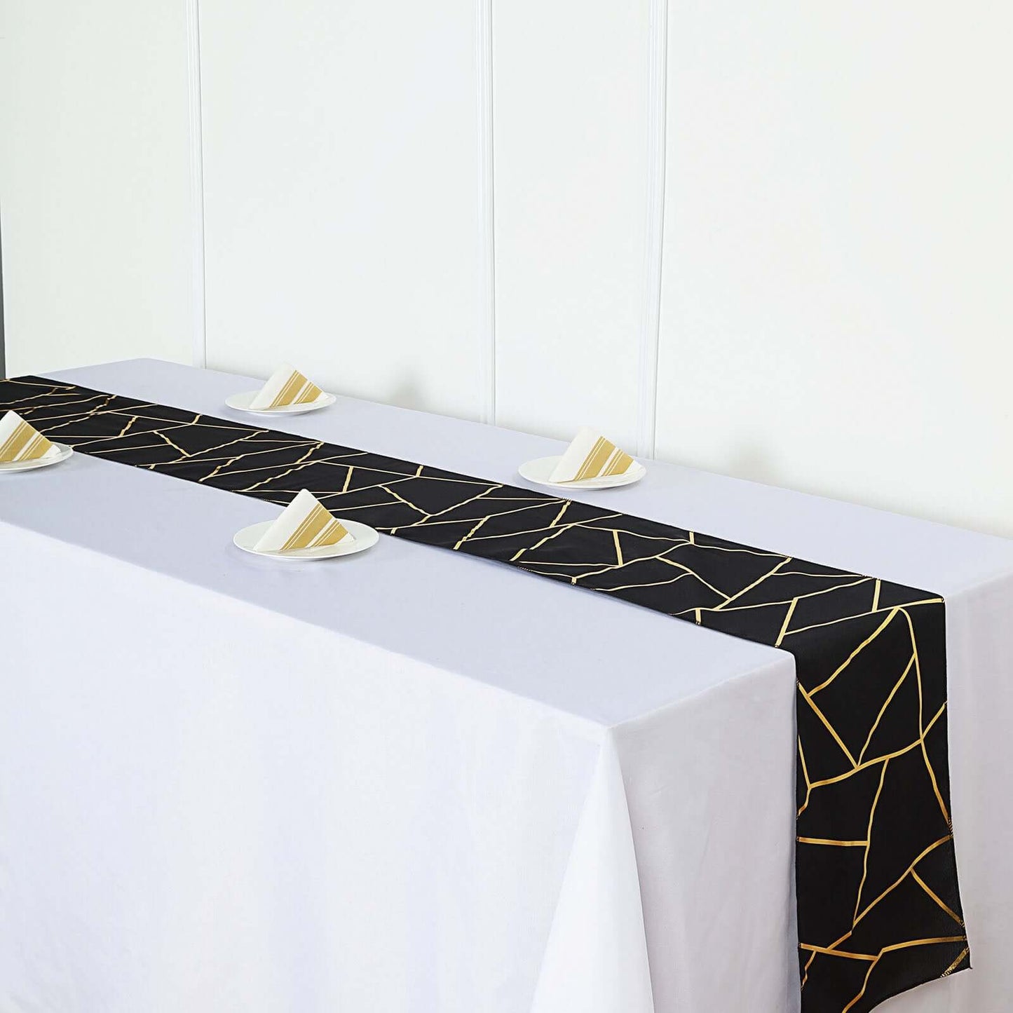 Polyester 9ft Table Runner Black with Gold Foil Modern Geometric Accent - Linen Luxes