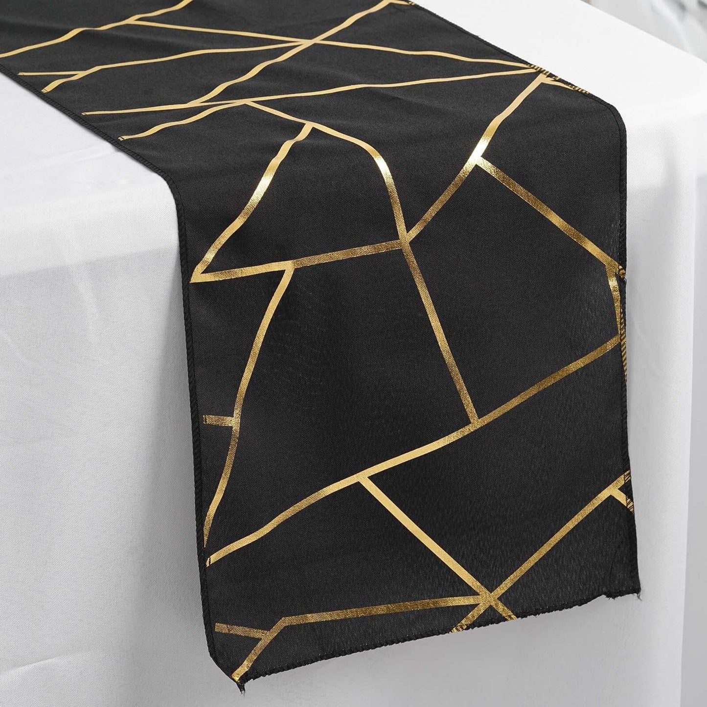 Polyester 9ft Table Runner Black with Gold Foil Modern Geometric Accent - Linen Luxes