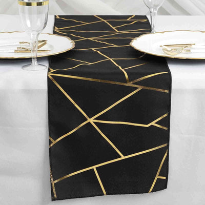 Polyester 9ft Table Runner Black with Gold Foil Modern Geometric Accent - Linen Luxes