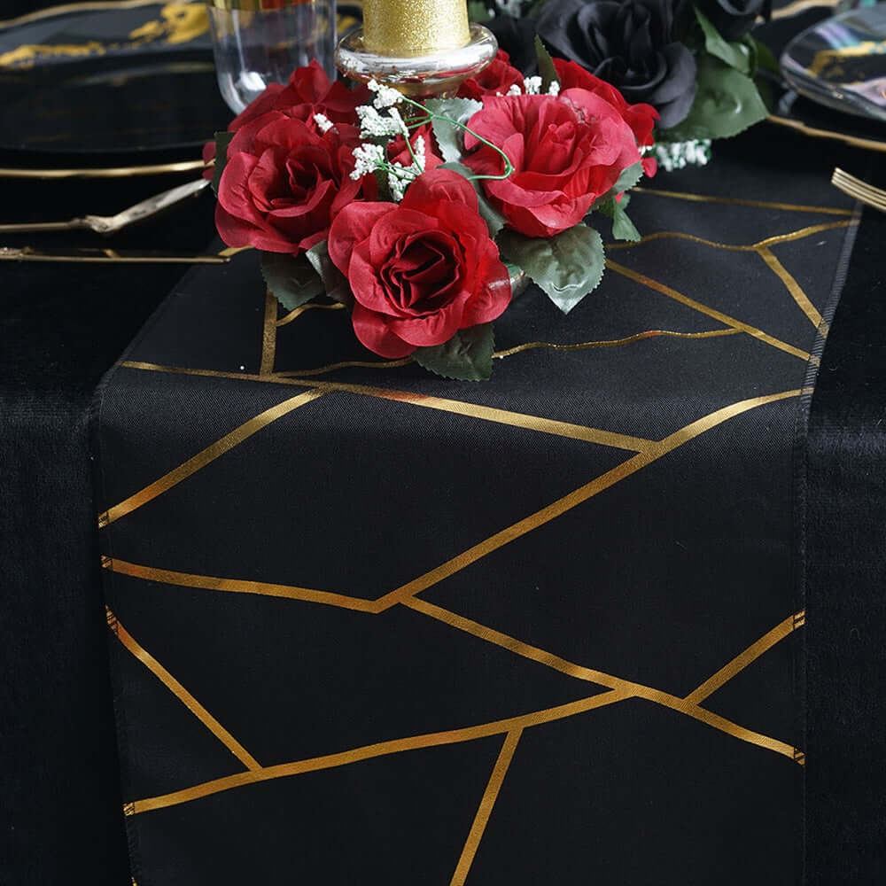 Polyester 9ft Table Runner Black with Gold Foil Modern Geometric Accent - Linen Luxes