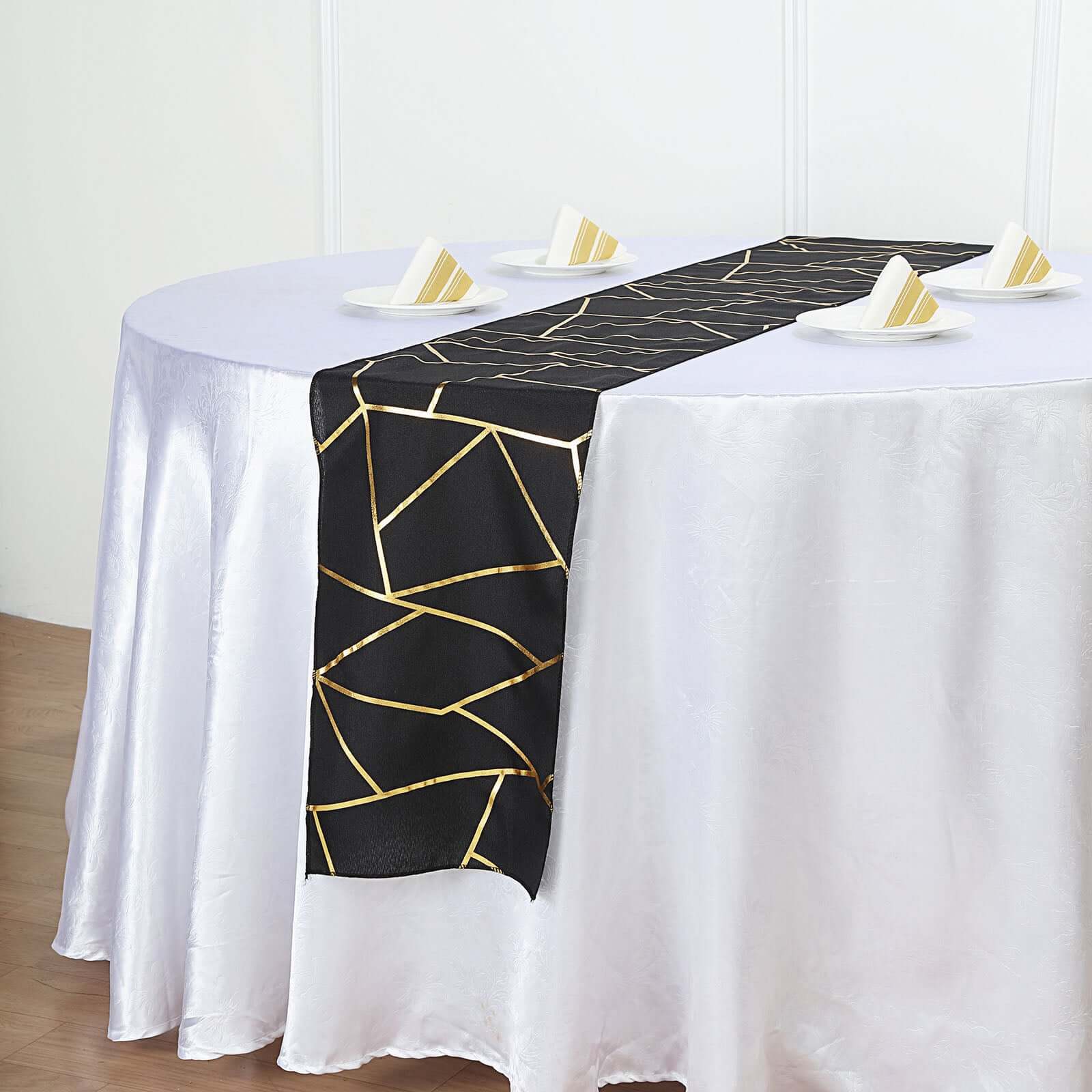 Polyester 9ft Table Runner Black with Gold Foil Modern Geometric Accent - Linen Luxes