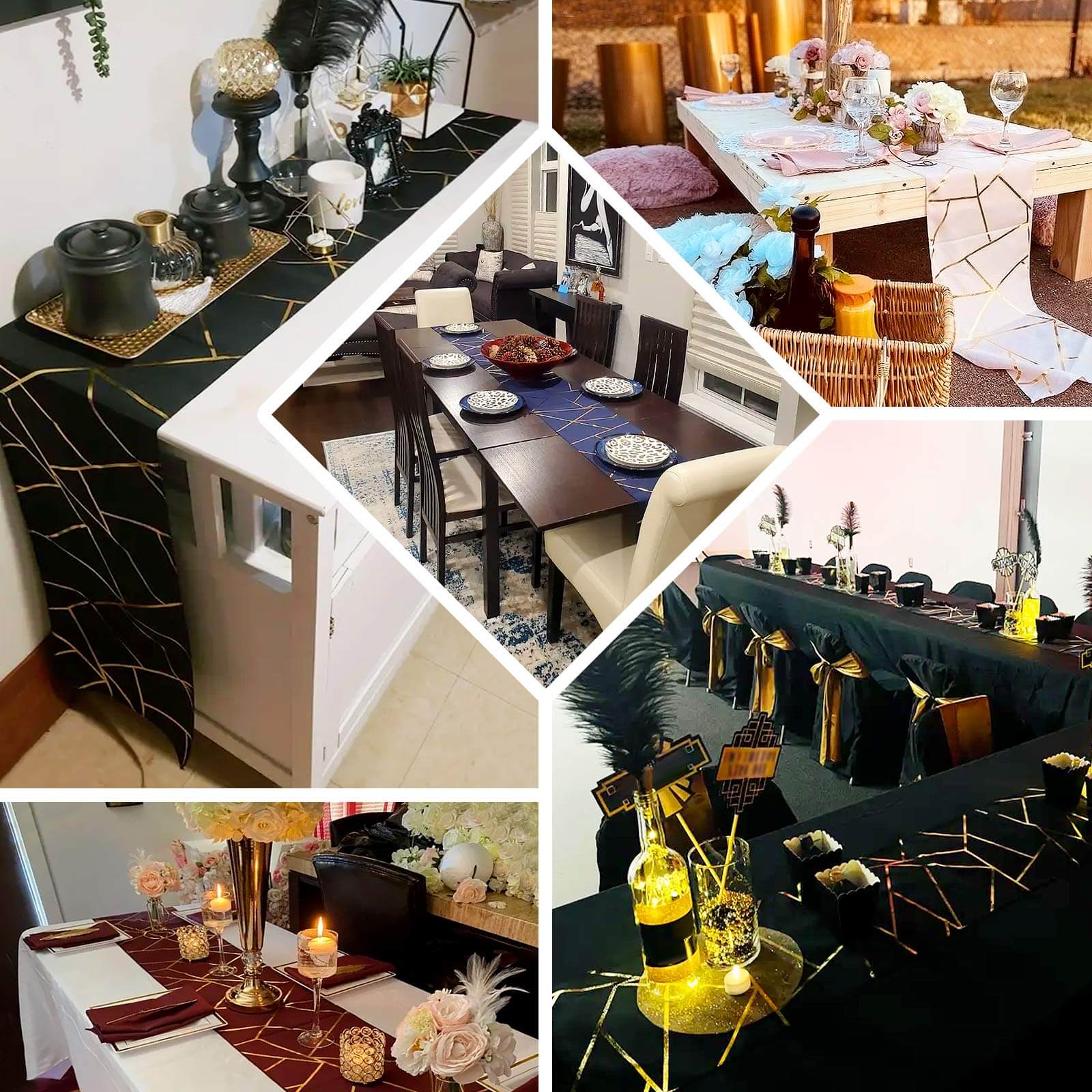 Polyester 9ft Table Runner Black with Gold Foil Modern Geometric Accent - Linen Luxes