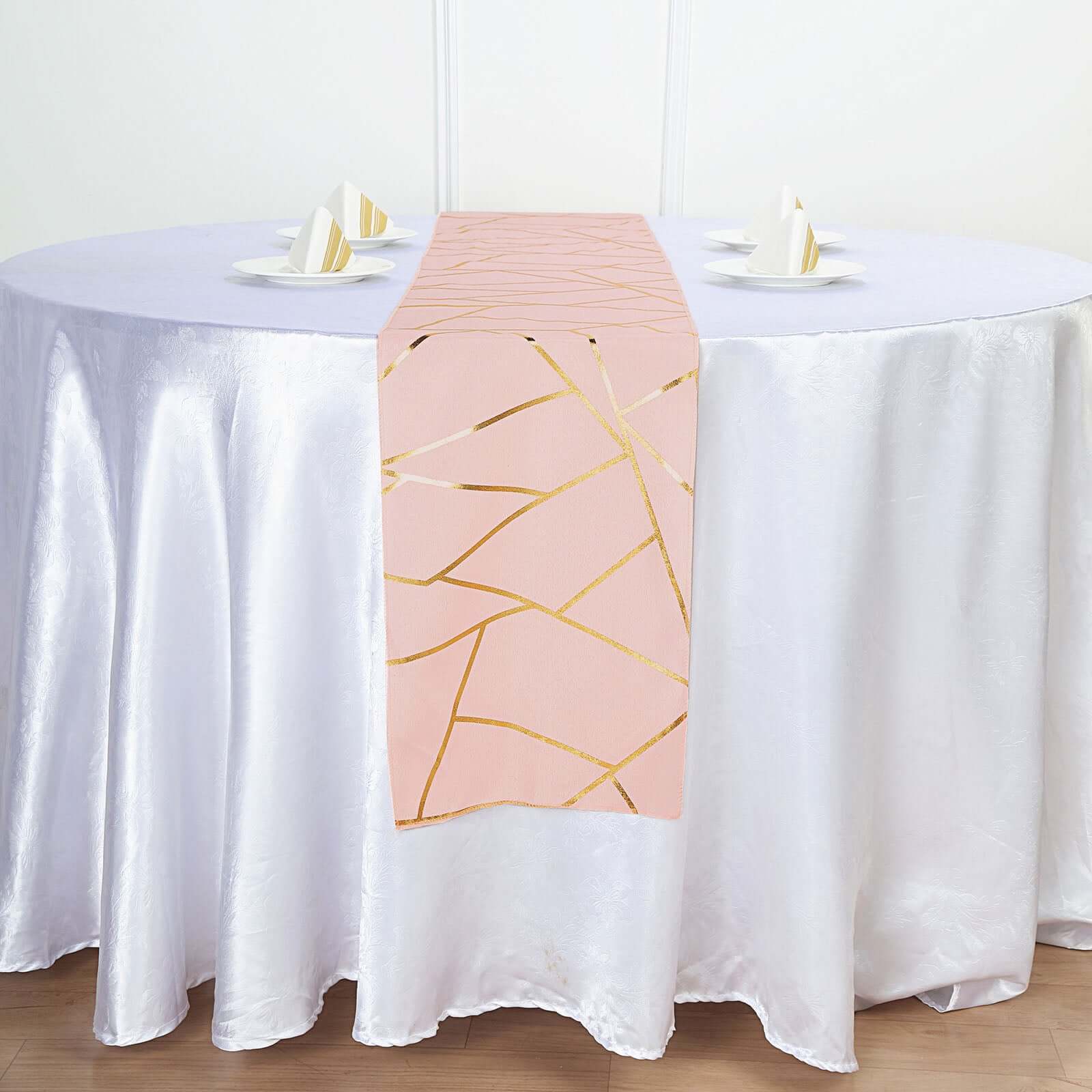Polyester 9ft Table Runner Blush with Gold Foil Modern Geometric Accent - Linen Luxes