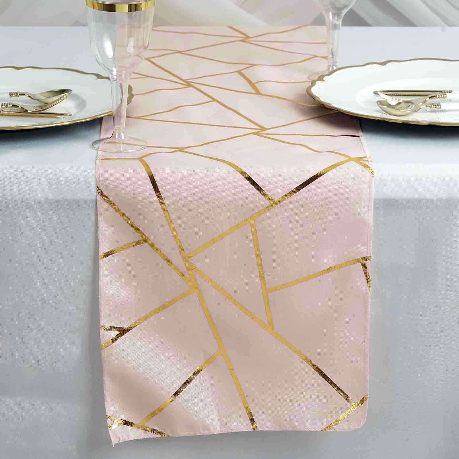 Polyester 9ft Table Runner Blush with Gold Foil Modern Geometric Accent - Linen Luxes