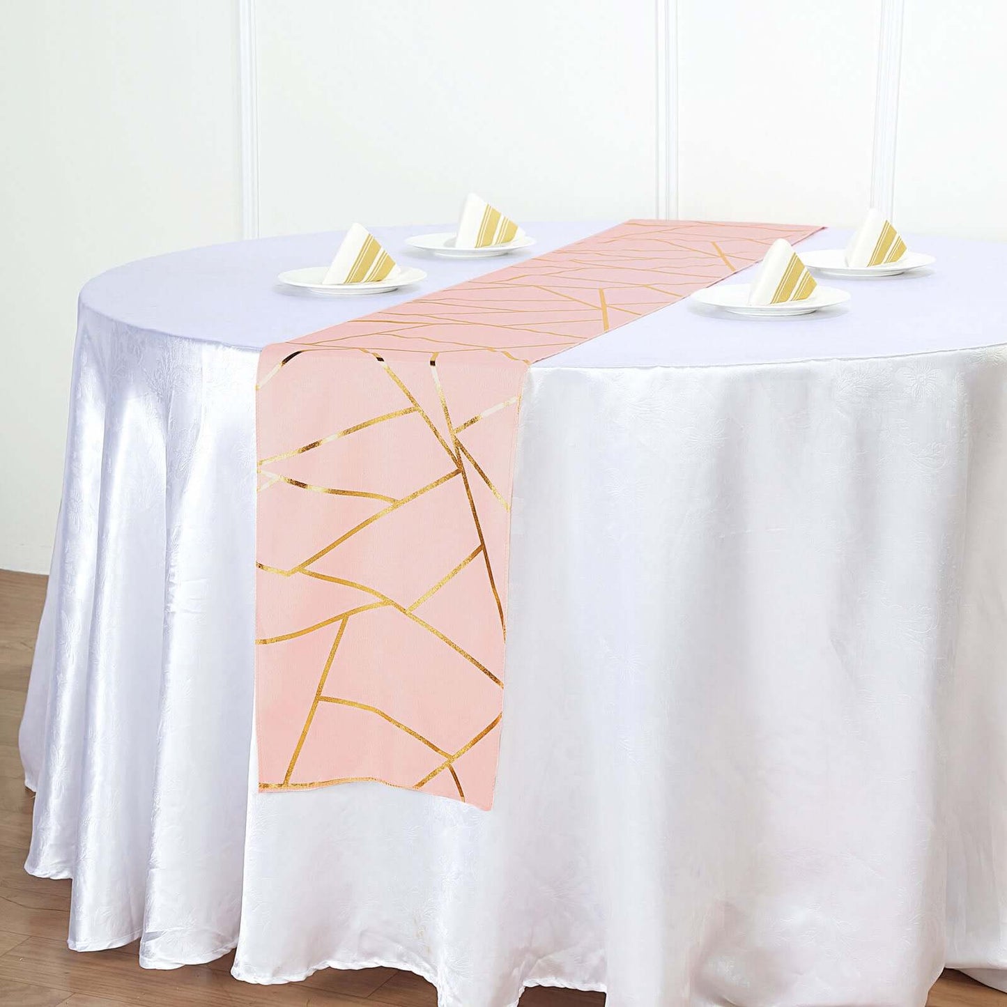 Polyester 9ft Table Runner Blush with Gold Foil Modern Geometric Accent - Linen Luxes