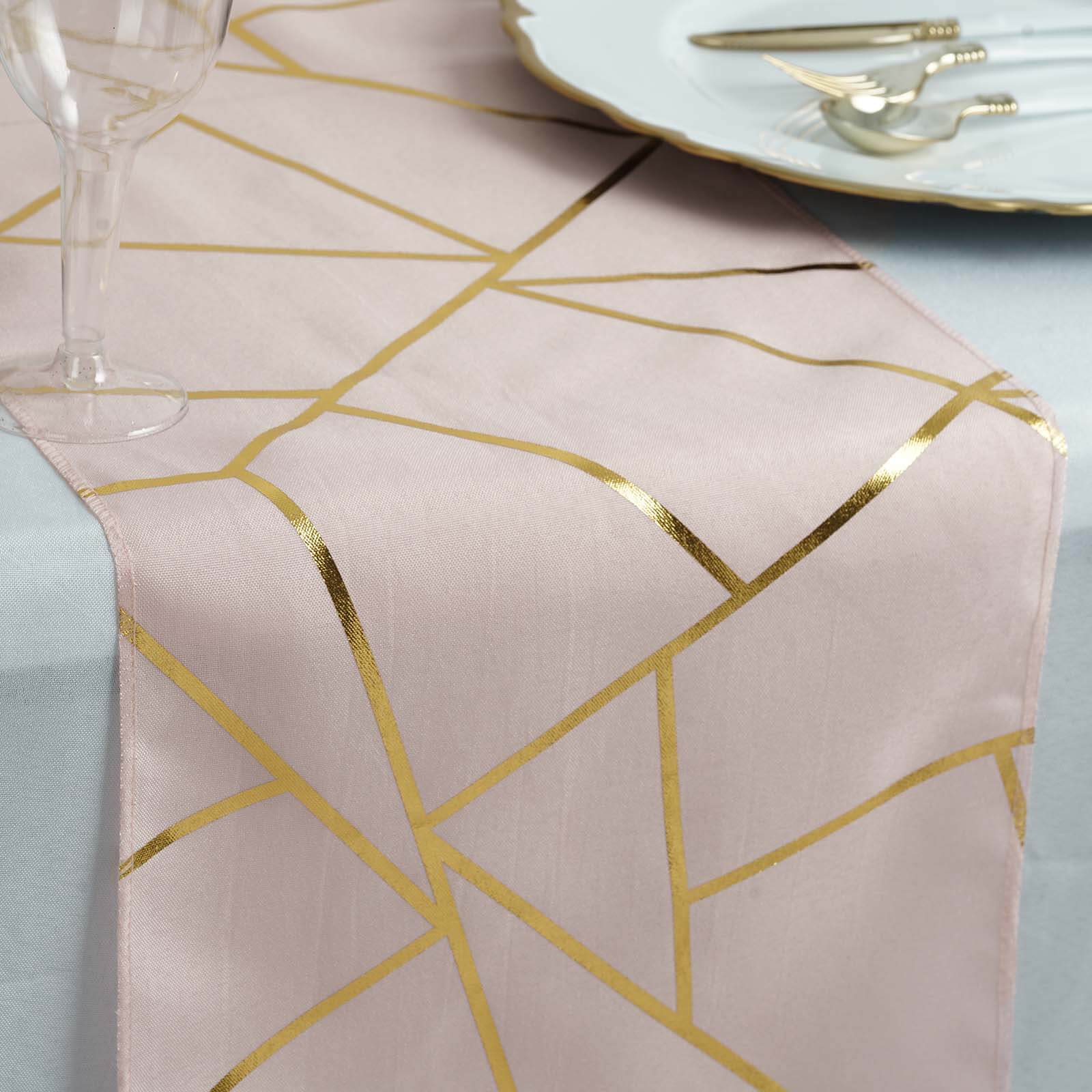 Polyester 9ft Table Runner Blush with Gold Foil Modern Geometric Accent - Linen Luxes
