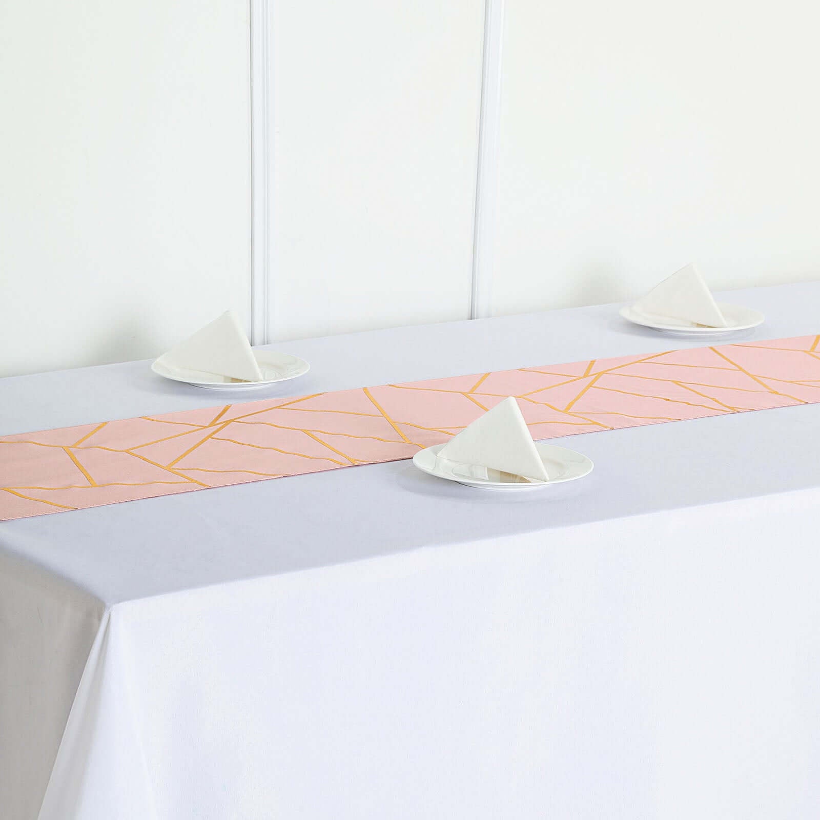 Polyester 9ft Table Runner Blush with Gold Foil Modern Geometric Accent - Linen Luxes