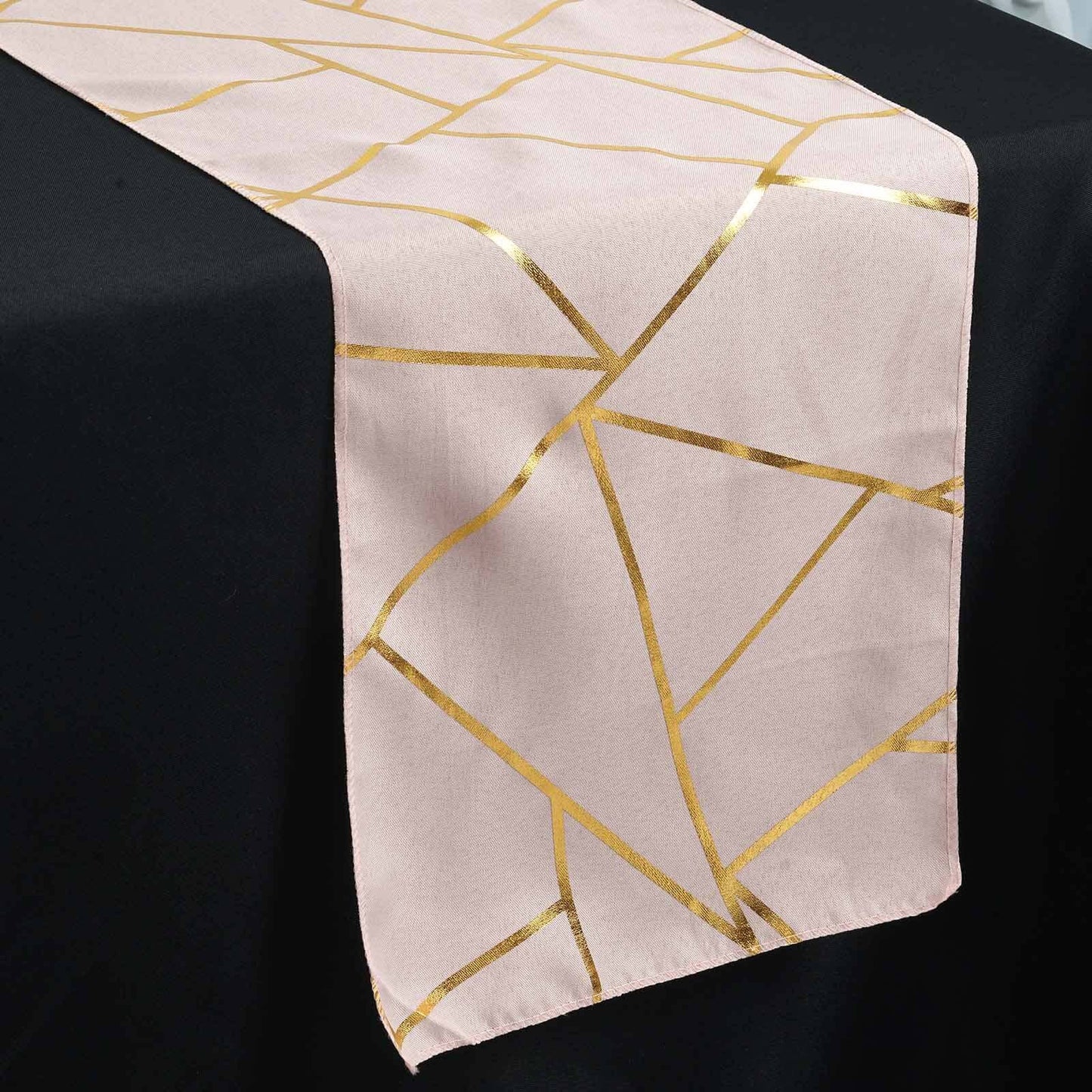 Polyester 9ft Table Runner Blush with Gold Foil Modern Geometric Accent - Linen Luxes