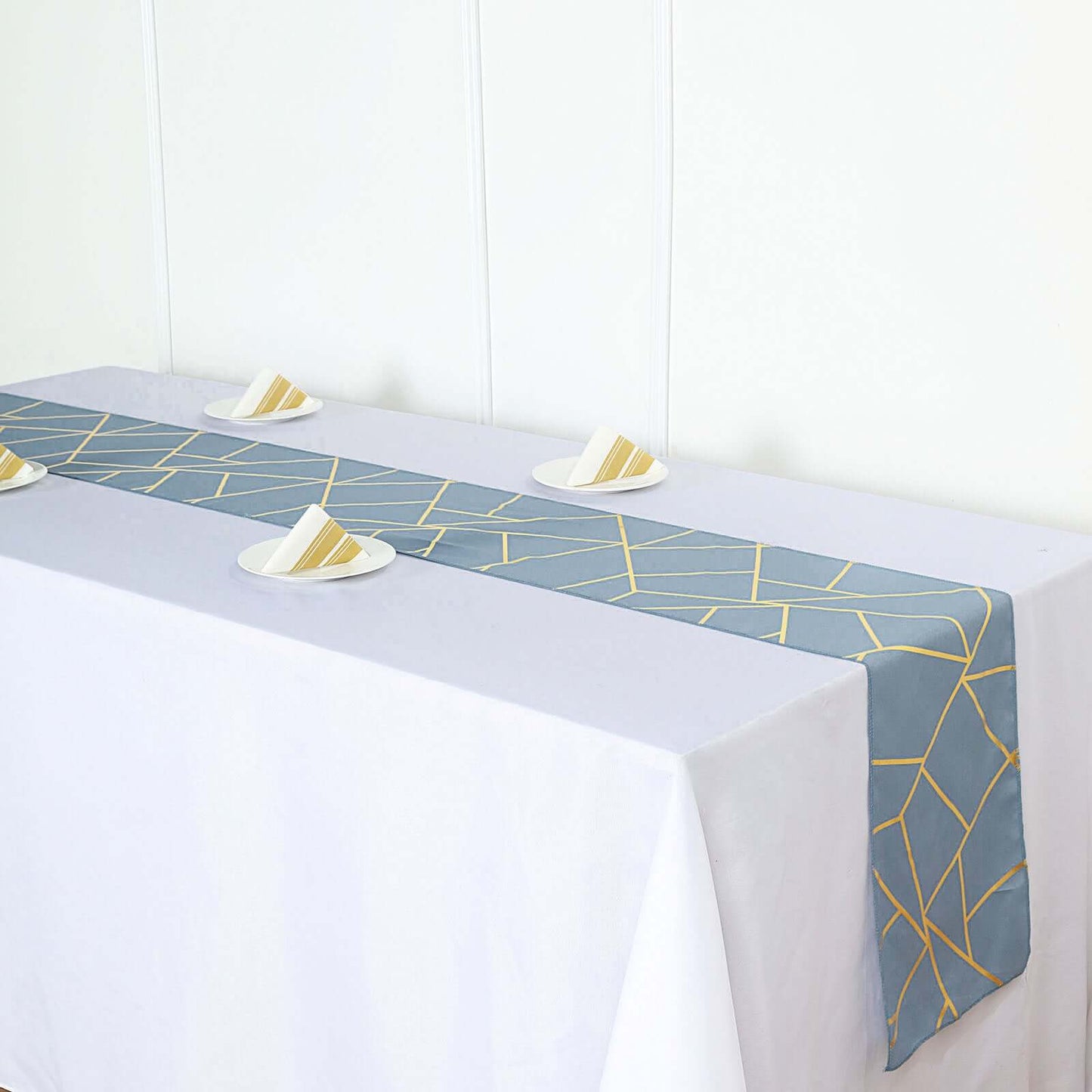 Polyester 9ft Table Runner Dusty Blue with Gold Foil Modern Geometric Accent - Linen Luxes