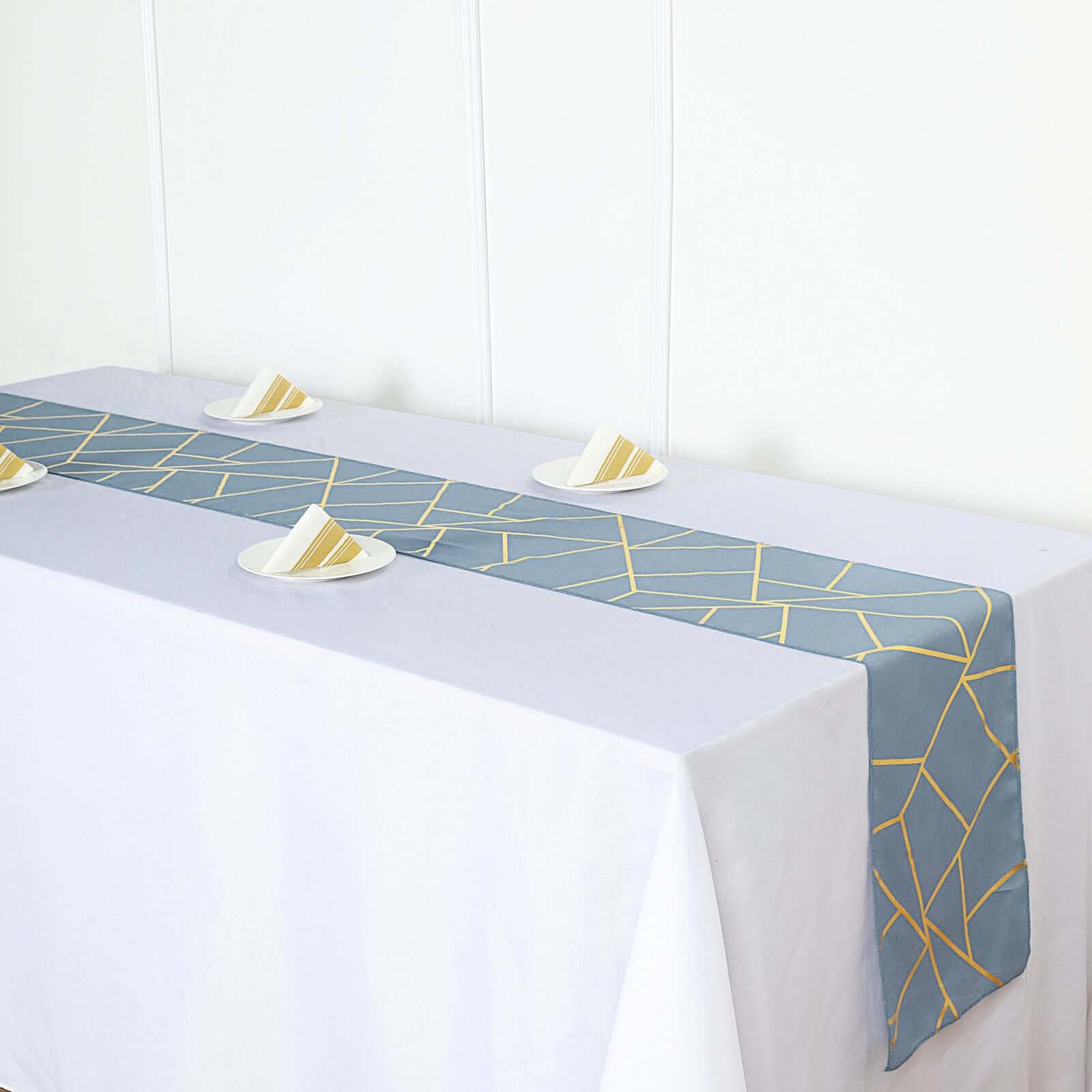 Polyester 9ft Table Runner Dusty Blue with Gold Foil Modern Geometric Accent - Linen Luxes