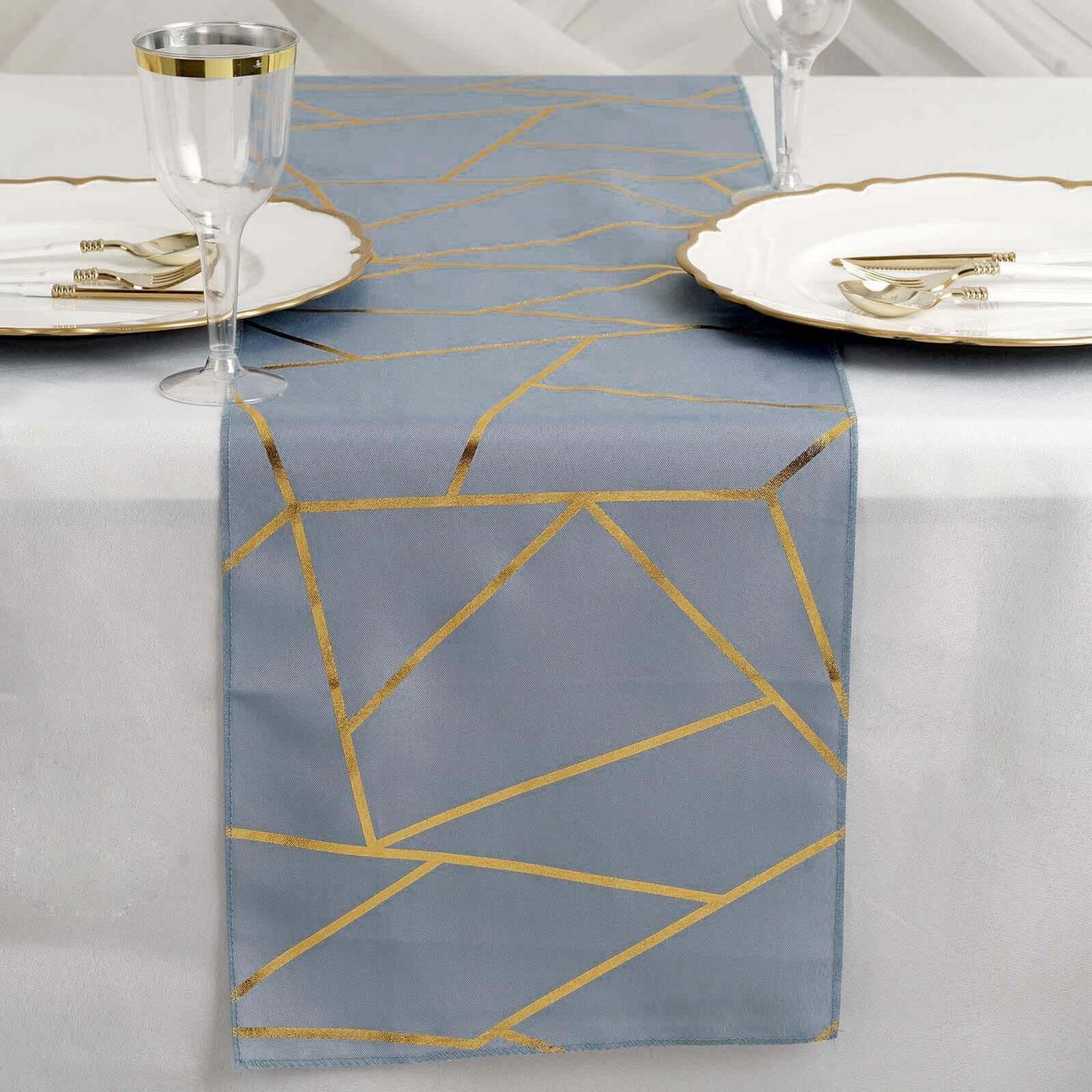 Polyester 9ft Table Runner Dusty Blue with Gold Foil Modern Geometric Accent - Linen Luxes