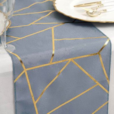 Polyester 9ft Table Runner Dusty Blue with Gold Foil Modern Geometric Accent - Linen Luxes