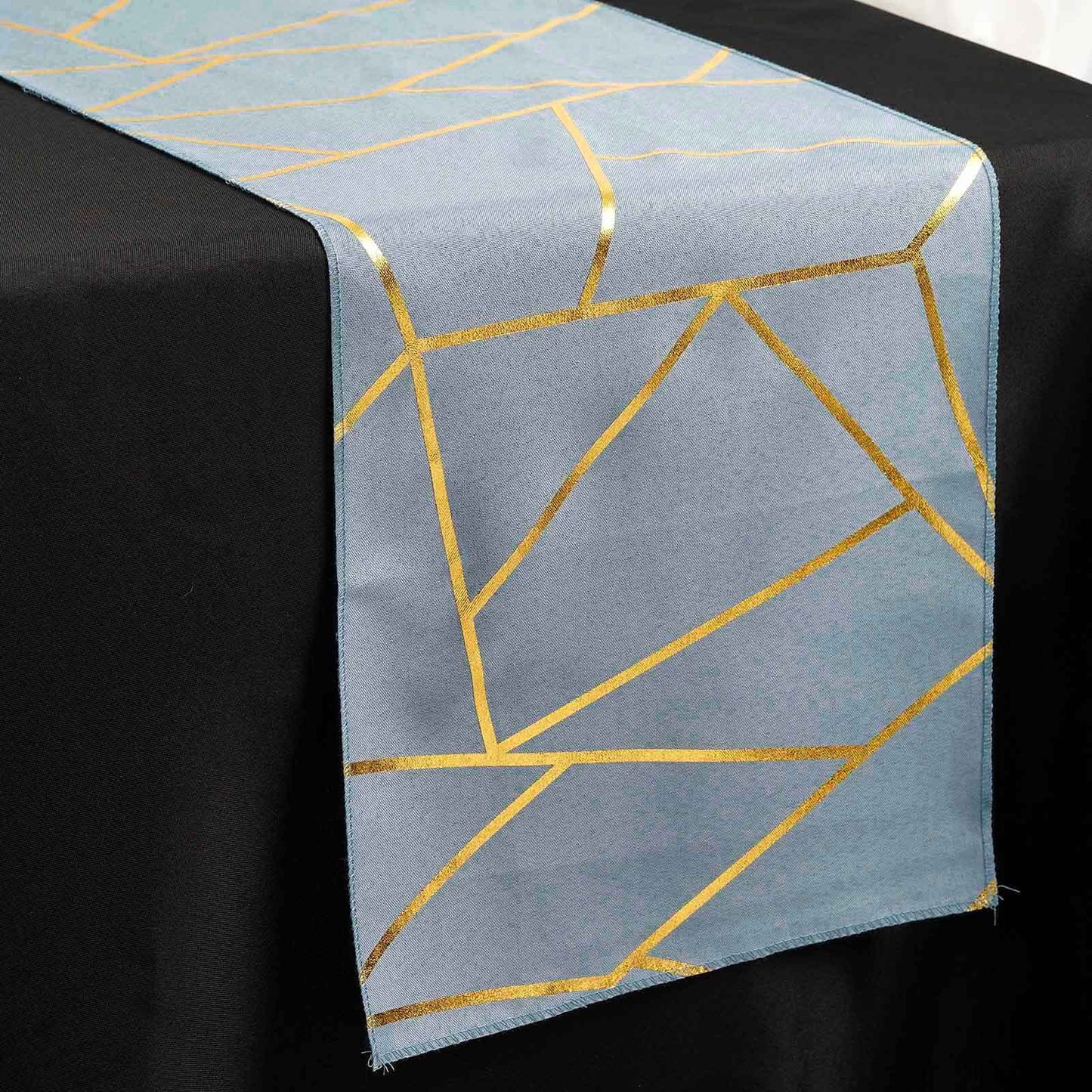 Polyester 9ft Table Runner Dusty Blue with Gold Foil Modern Geometric Accent - Linen Luxes