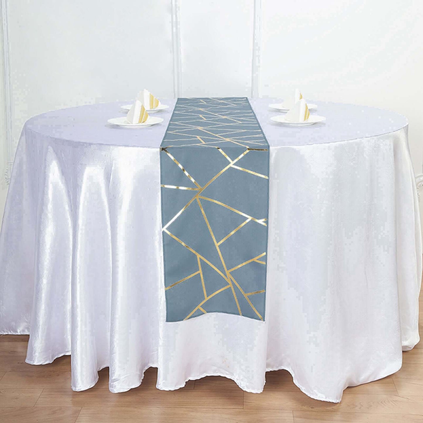 Polyester 9ft Table Runner Dusty Blue with Gold Foil Modern Geometric Accent - Linen Luxes