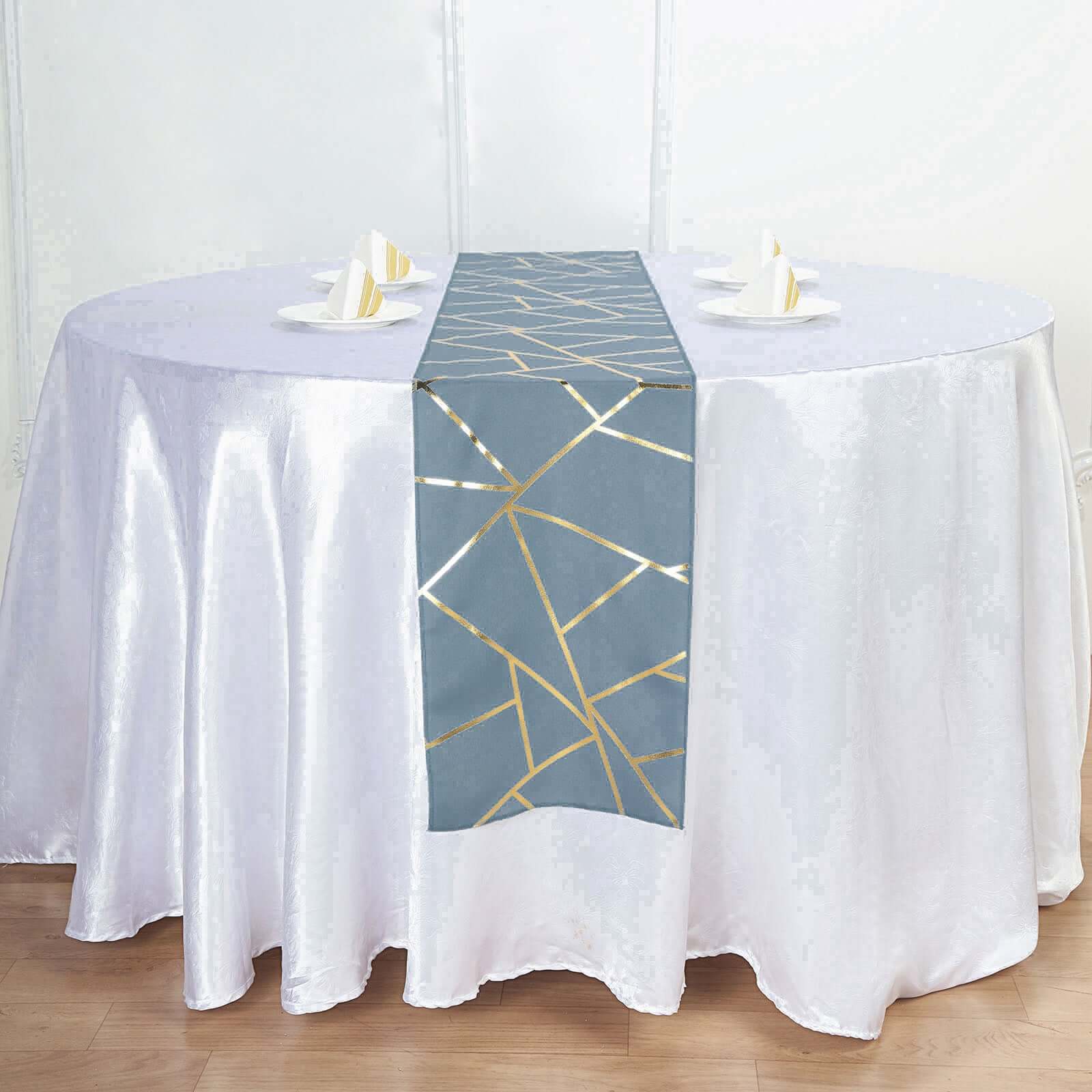 Polyester 9ft Table Runner Dusty Blue with Gold Foil Modern Geometric Accent - Linen Luxes