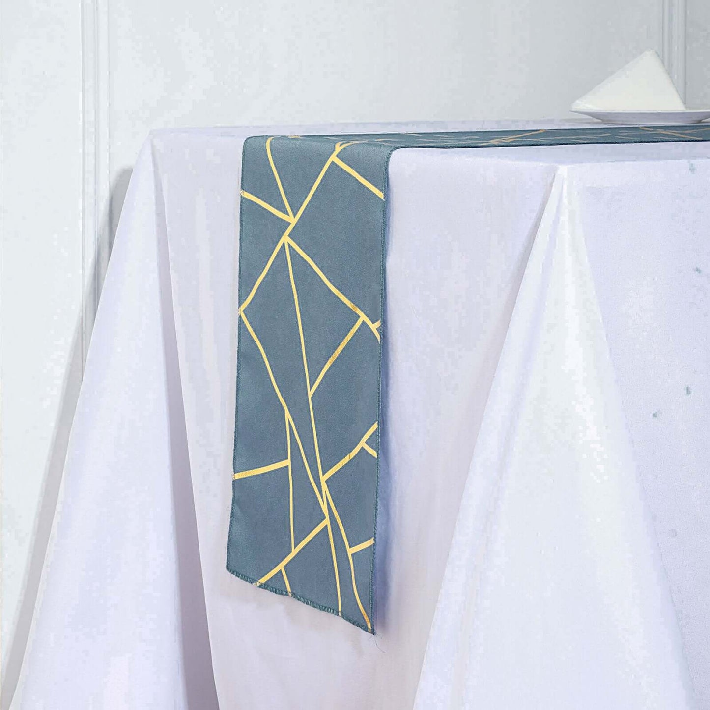 Polyester 9ft Table Runner Dusty Blue with Gold Foil Modern Geometric Accent - Linen Luxes