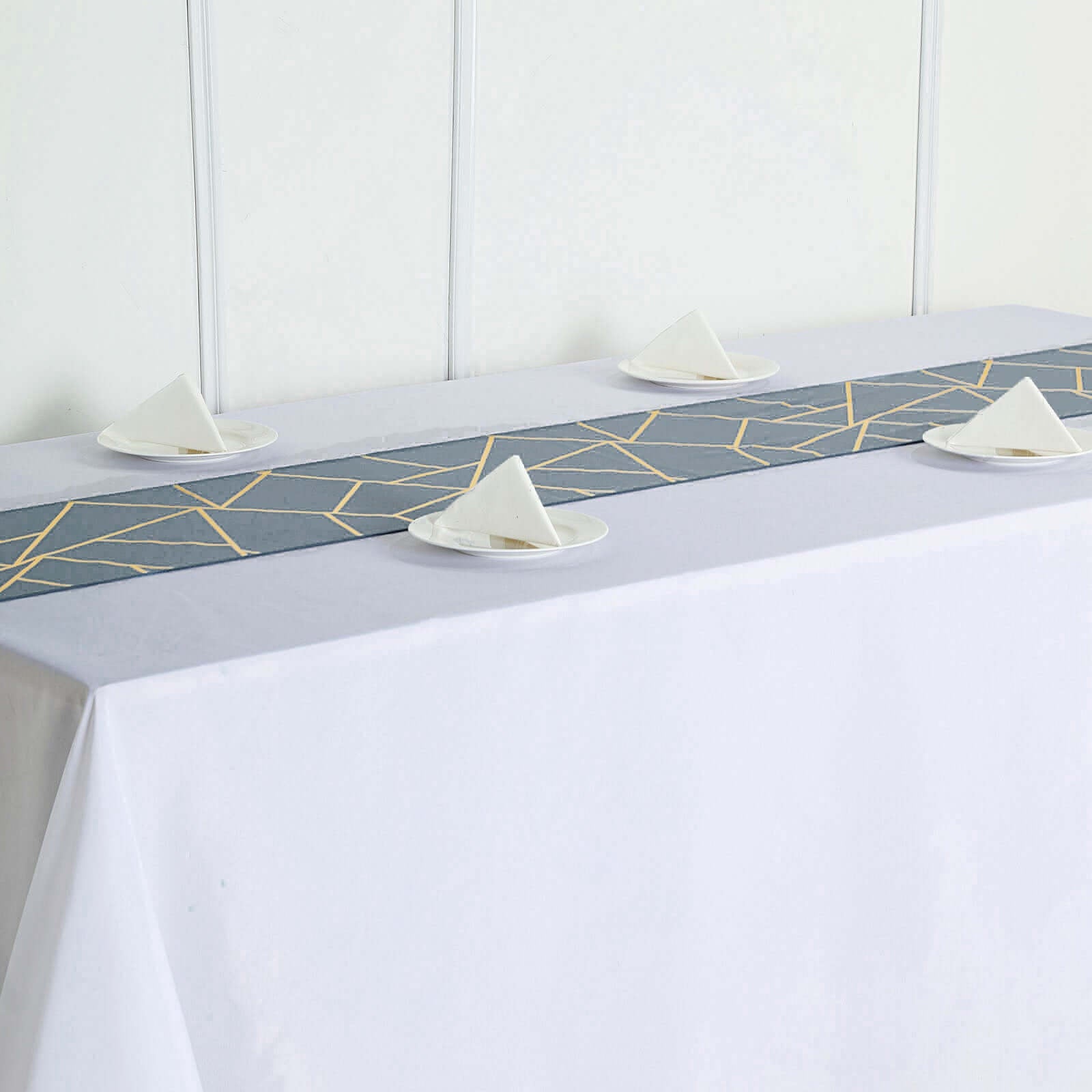 Polyester 9ft Table Runner Dusty Blue with Gold Foil Modern Geometric Accent - Linen Luxes