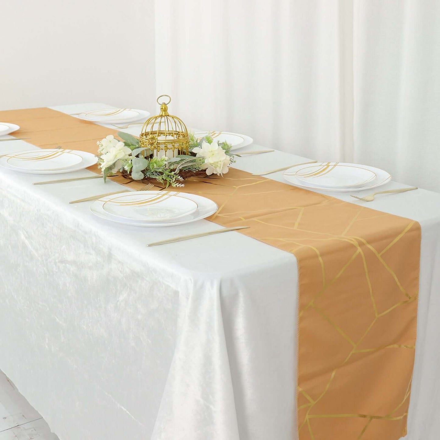Polyester 9ft Table Runner Gold with Gold Foil Geometric Pattern - Modern & Stylish Table Decor