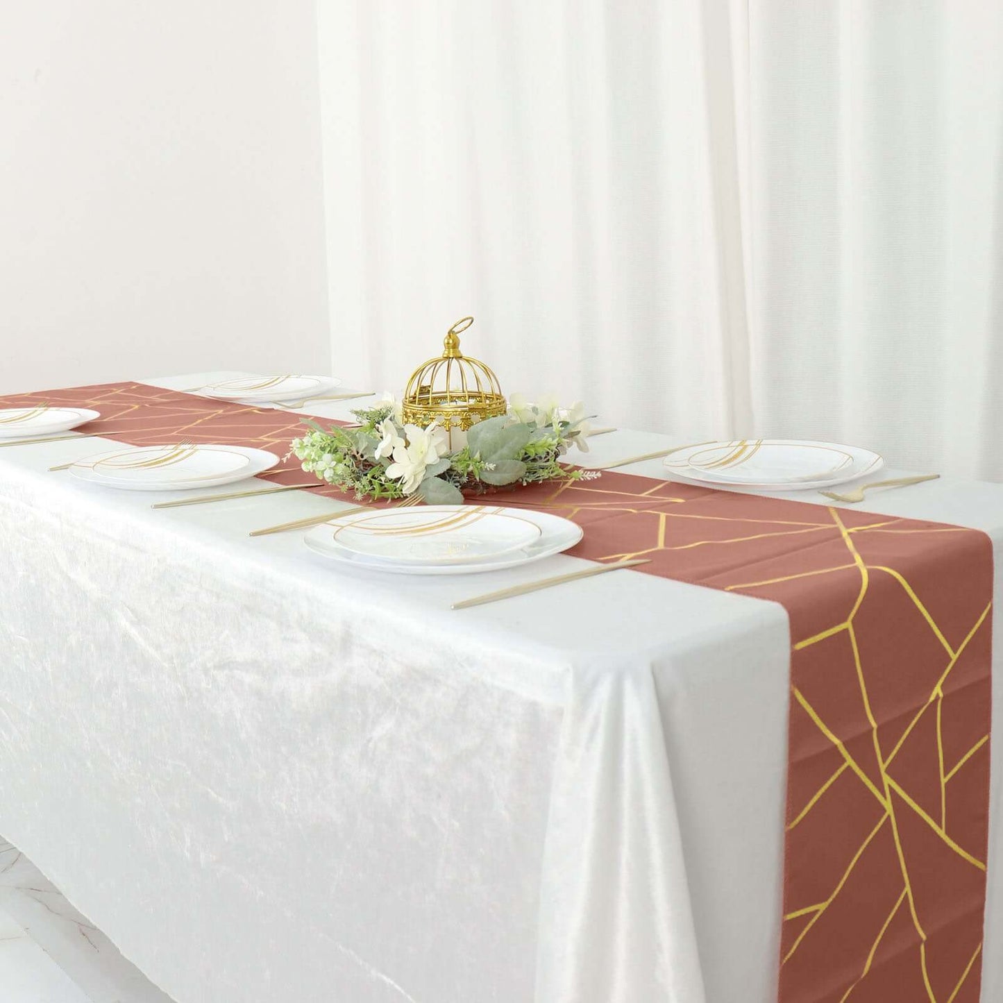 Polyester 9ft Table Runner Terracotta (Rust) with Gold Foil Modern Geometric Accent