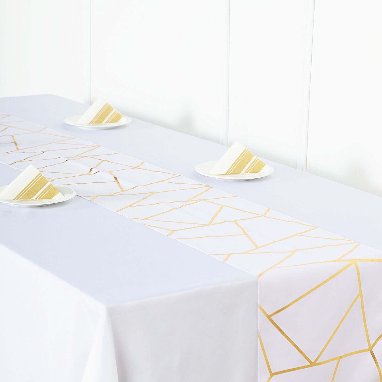 Polyester 9ft Table Runner White with Gold Foil Geometric Pattern - Modern & Stylish Table Decor - Linen Luxes
