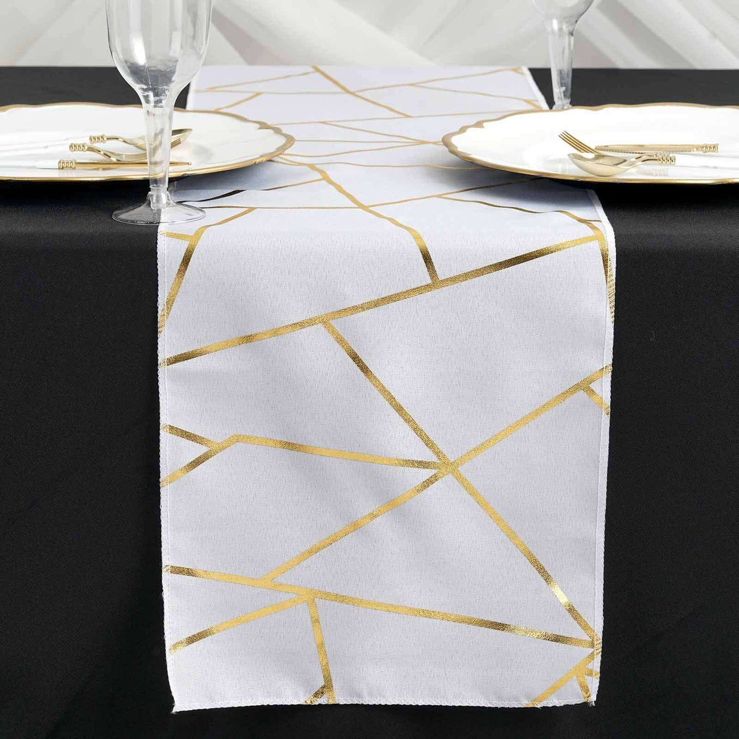Polyester 9ft Table Runner White with Gold Foil Geometric Pattern - Modern & Stylish Table Decor - Linen Luxes