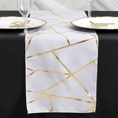 Polyester 9ft Table Runner White with Gold Foil Geometric Pattern - Modern & Stylish Table Decor - Linen Luxes