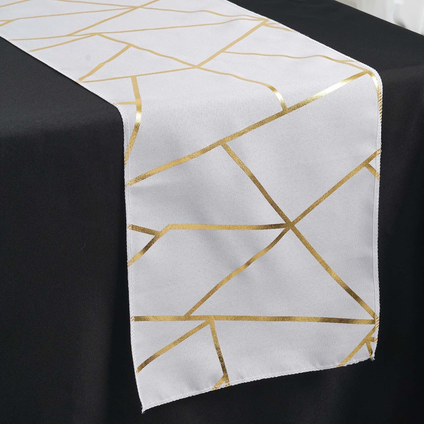 Polyester 9ft Table Runner White with Gold Foil Geometric Pattern - Modern & Stylish Table Decor - Linen Luxes