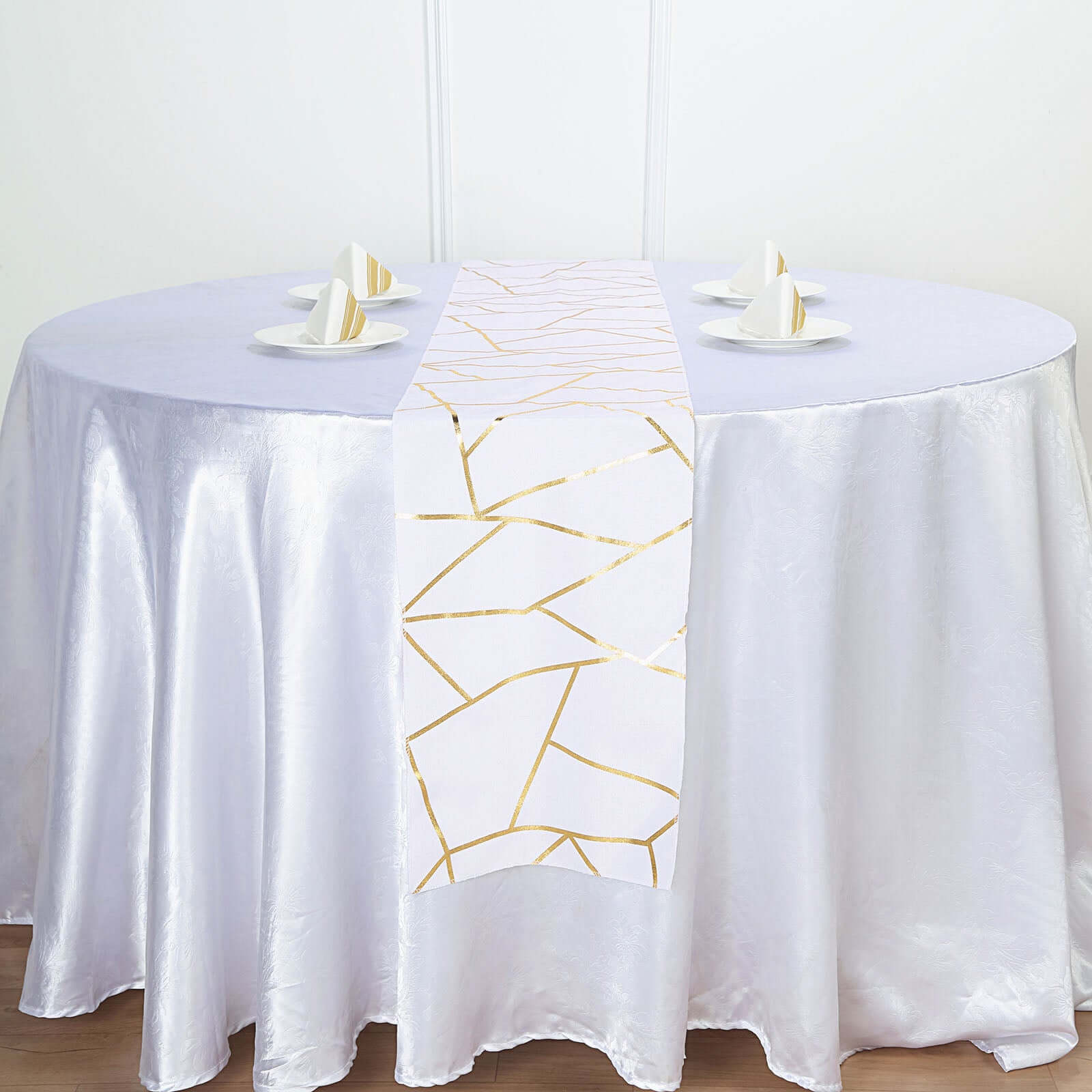 Polyester 9ft Table Runner White with Gold Foil Geometric Pattern - Modern & Stylish Table Decor - Linen Luxes