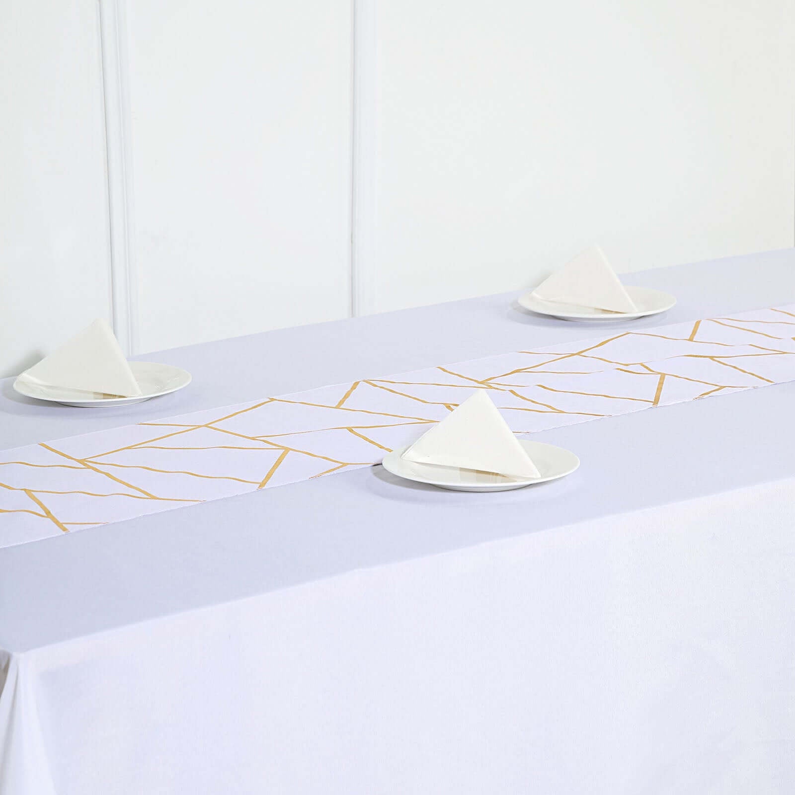 Polyester 9ft Table Runner White with Gold Foil Geometric Pattern - Modern & Stylish Table Decor - Linen Luxes