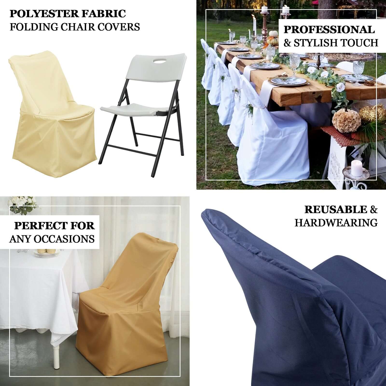Polyester Chair Cover for Folding Lifetime Chairs Ivory - Reusable Durable Slip - On Cover - Linen Luxes