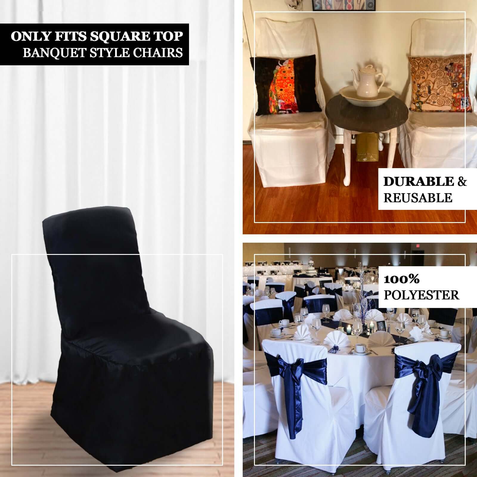 Polyester Chair Cover with Square Top for Banquet Chairs Black - Durable Reusable Slip - On Cover - Linen Luxes