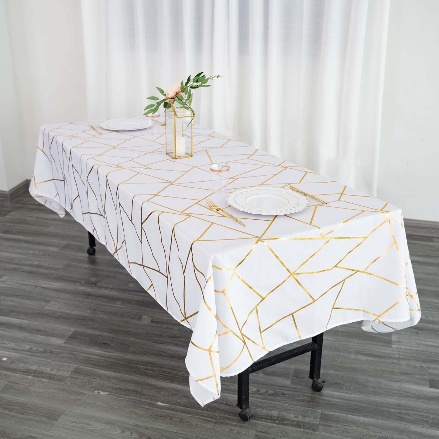Polyester 60"x102" Rectangle Tablecloth White with Gold Foil Geometric Pattern - Wrinkle-Resistant and Durable Table Cover for Weddings & Events