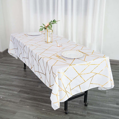 Polyester 60"x102" Rectangle Tablecloth White with Gold Foil Geometric Pattern - Wrinkle-Resistant and Durable Table Cover for Weddings & Events