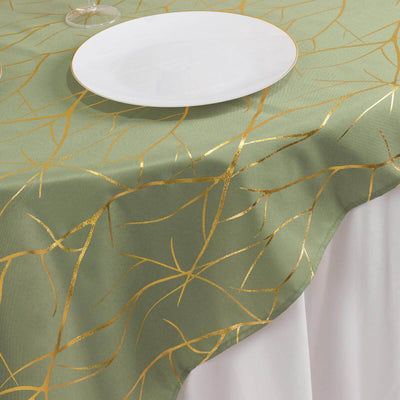 Polyester 54"x54" Table Overlay Square Tablecloth Dusty Sage Green with Gold Foil Tree Branch Pattern - Wrinkle-Resistant & Durable Table Cover