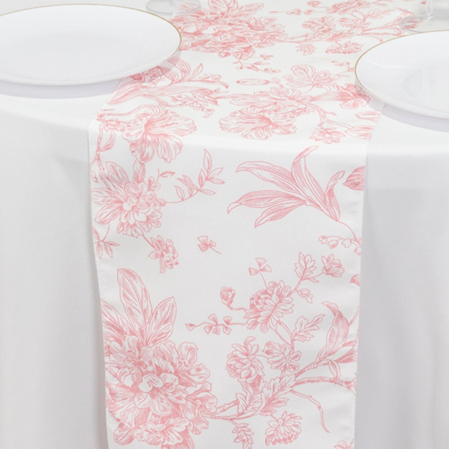 Polyester Table Runner 12"x108" White with Pink French Toile Floral Print Reusable Table DÃ©cor
