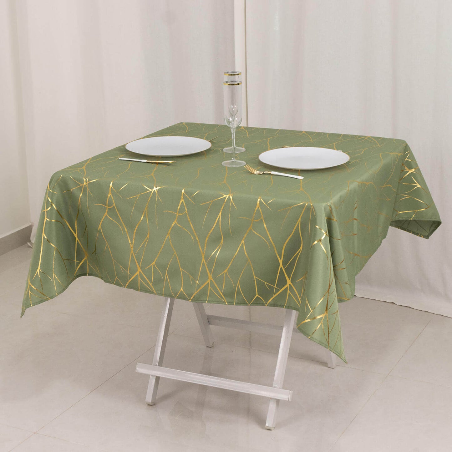 Polyester 54"x54" Square Tablecloth Dusty Sage Green with Gold Foil Tree Branch Pattern - Wrinkle-Resistant & Durable Table Cover