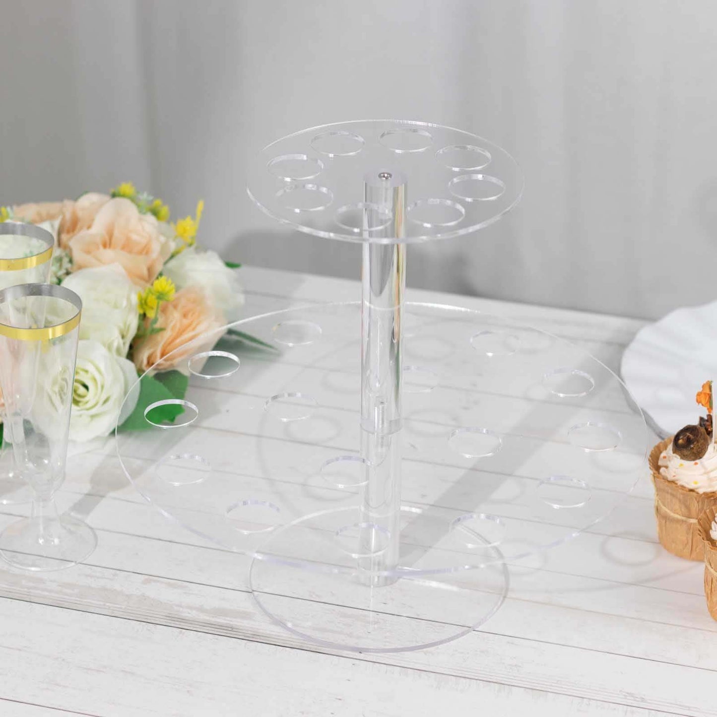2 Tier Acrylic Round Ice Cream Cone Holder Clear - Sturdy Appetizer Dessert Display Stand with 24-Slots for Easy & Stylish Event Party Table Setup 12"