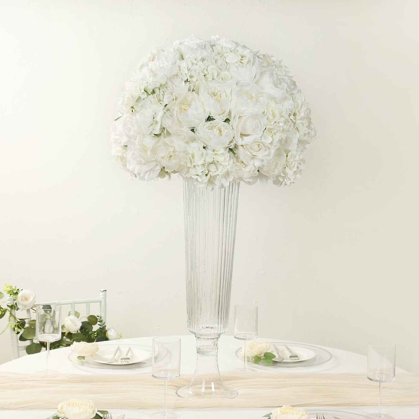 Pre-Arranged Silk Rose Wedding Centerpiece, Ivory Artificial Rose Flower Balls Arrangement Table Decor - 20"