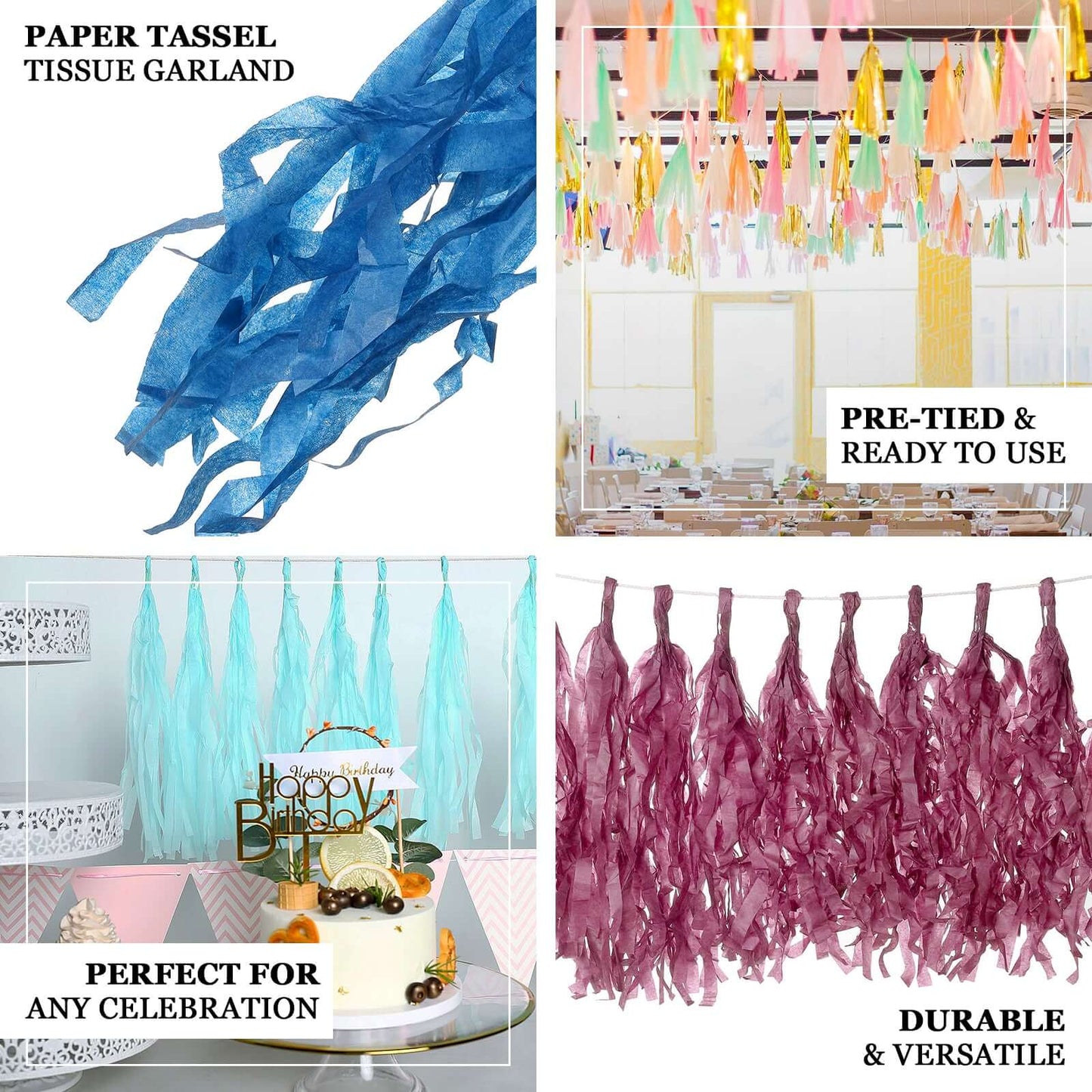12 Pack Pre-Tied Turquoise Tissue Paper Tassel Garland With String, Hanging Fringe Party Streamer Backdrop Decor