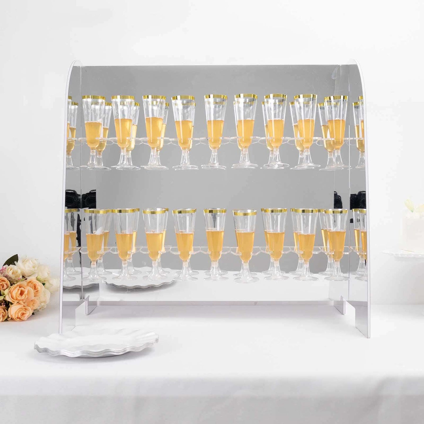2-Tier Champagne Glass Holder Display Stand Table Top in Silver Mirror Finish - Modern Stemware Rack Cocktail Drink Holder with 18 Hooks for Events & DIY Bars 25"