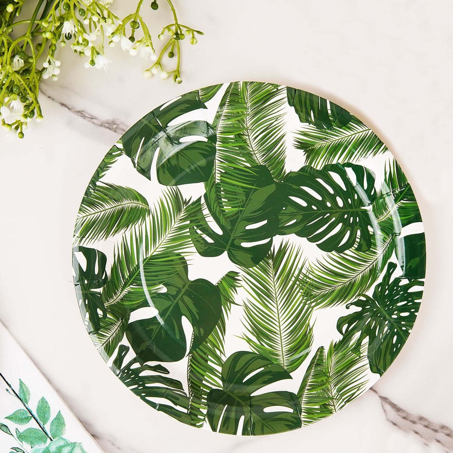 25-Pack Paper 7" Round Dessert Plates in White with Tropical Palm Leaf Design - Disposable 300GSM Appetizer Salad Plates for Boho Chic & Jungle Themed Events